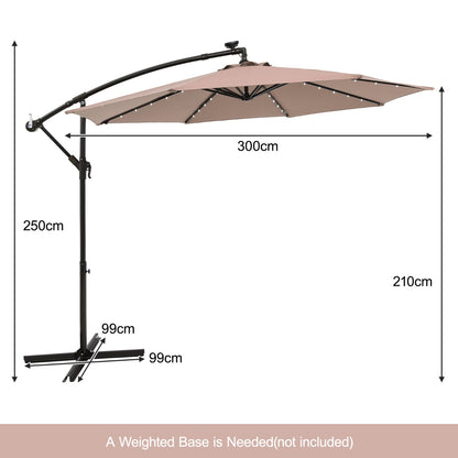 Costway 3m Solar Patio Offset Umbrella Adjustable with 40 LED and Cross Base Stand-Brown