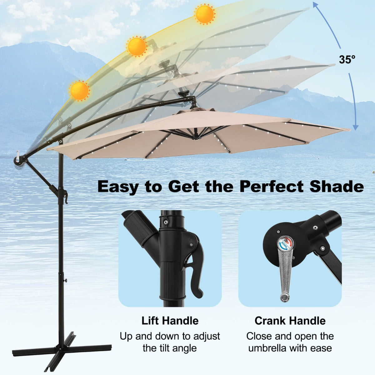 Easy-to-use cantilever umbrella with rib-mounted power switch, solar lighting, crank handle, and tilt control