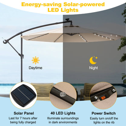 Costway 3m Solar Patio Offset Umbrella Adjustable with 40 LED and Cross Base Stand-Beige