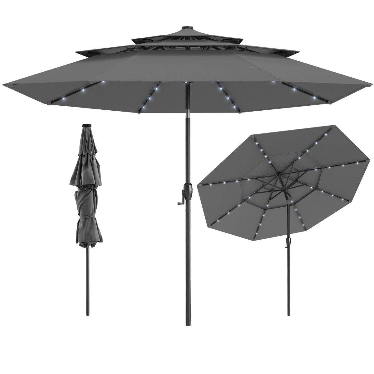 3m Solar Patio Umbrella with 32 LED Lights 3-Tier Vented Top-Grey