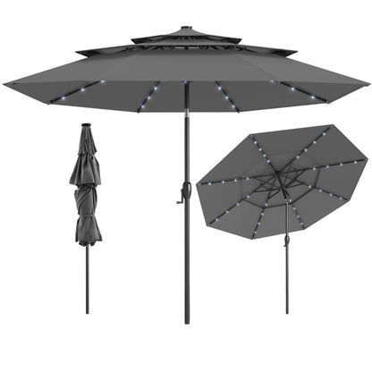 3m Solar Patio Umbrella with 32 LED Lights 3-Tier Vented Top-Grey