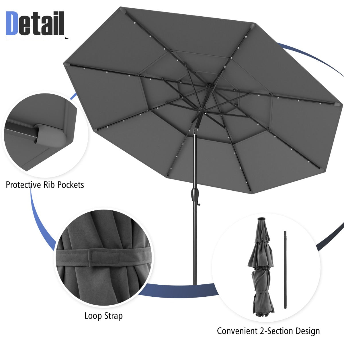 3m Solar Patio Umbrella with 32 LED Lights 3-Tier Vented Top-Grey