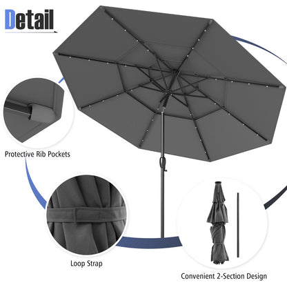 3m Solar Patio Umbrella with 32 LED Lights 3-Tier Vented Top-Grey