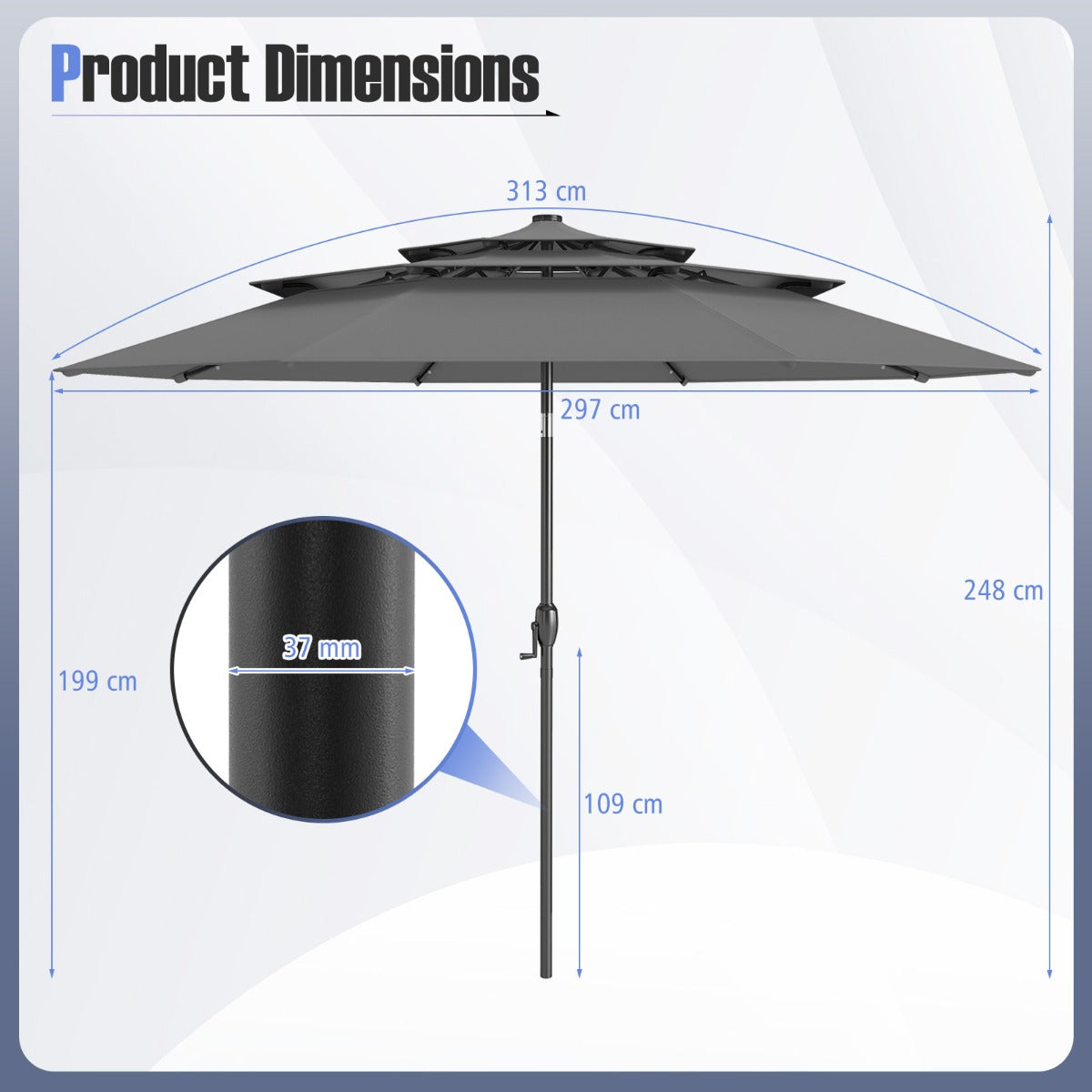 3m Solar Patio Umbrella with 32 LED Lights 3-Tier Vented Top-Grey