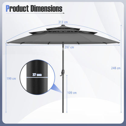 3m Solar Patio Umbrella with 32 LED Lights 3-Tier Vented Top-Grey