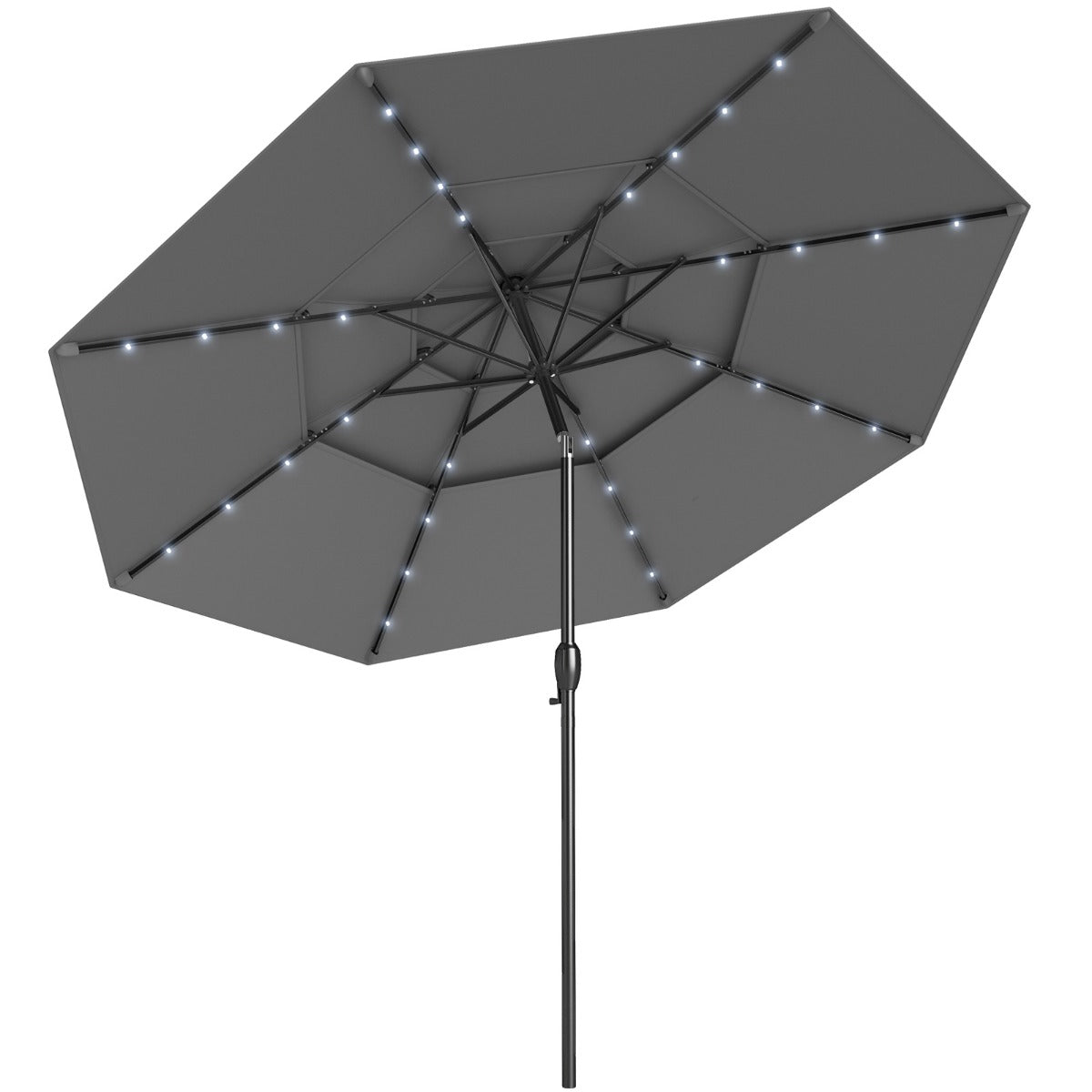 3m Solar Patio Umbrella with 32 LED Lights 3-Tier Vented Top-Grey