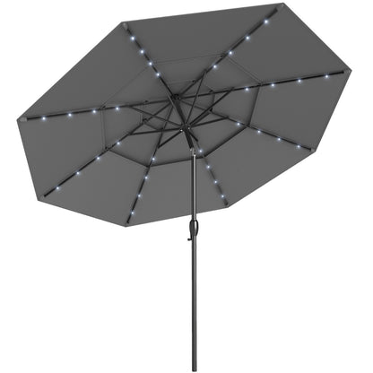 3m Solar Patio Umbrella with 32 LED Lights 3-Tier Vented Top-Grey