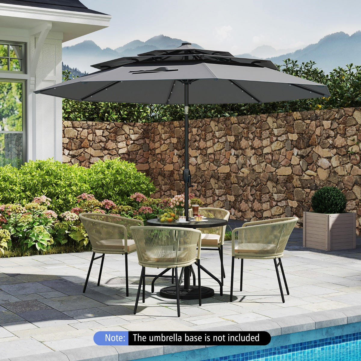 3m Solar Patio Umbrella with 32 LED Lights 3-Tier Vented Top-Grey
