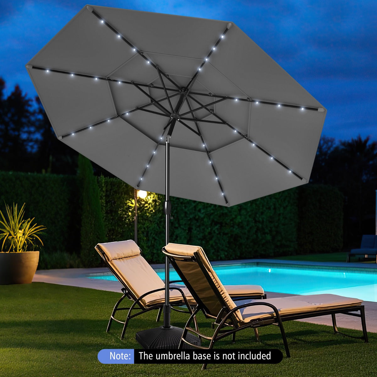3m Solar Patio Umbrella with 32 LED Lights 3-Tier Vented Top-Grey