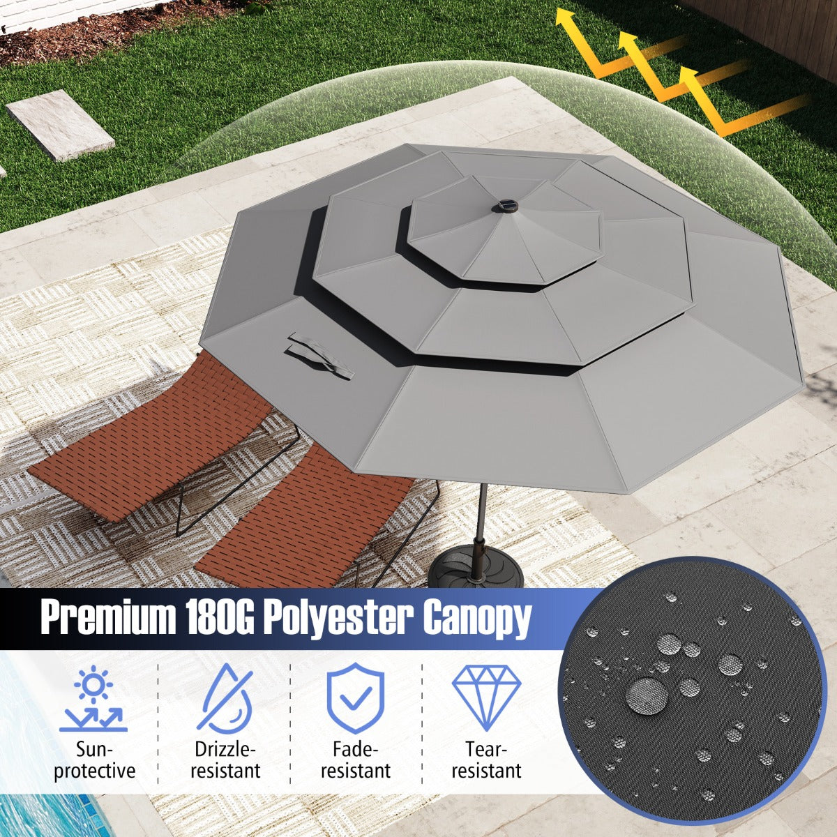 3m Solar Patio Umbrella with 32 LED Lights 3-Tier Vented Top-Grey