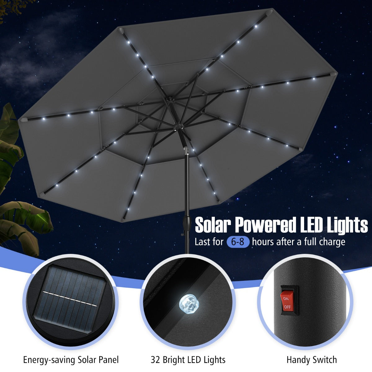 3m Solar Patio Umbrella with 32 LED Lights 3-Tier Vented Top-Grey