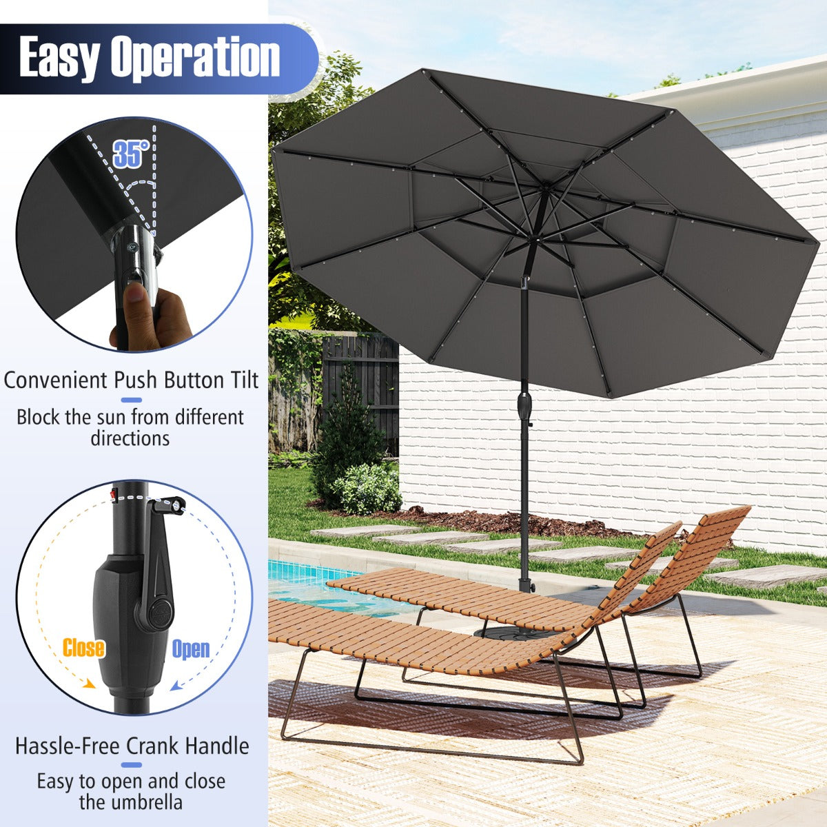 3m Solar Patio Umbrella with 32 LED Lights 3-Tier Vented Top-Grey