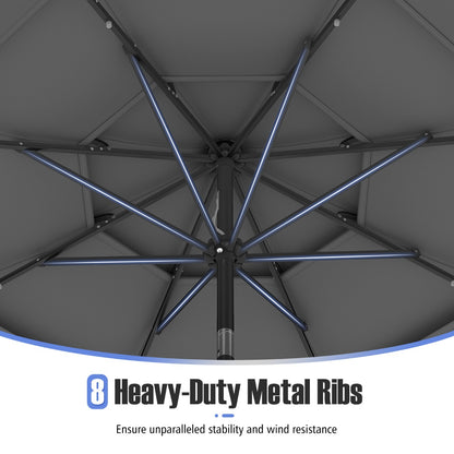 3m Solar Patio Umbrella with 32 LED Lights 3-Tier Vented Top-Grey