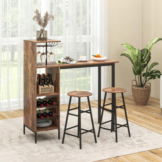 Costway 3 Pieces Bar Table and Chair Set with Wine Glass Holders and Wine Racks-Rustic Brown