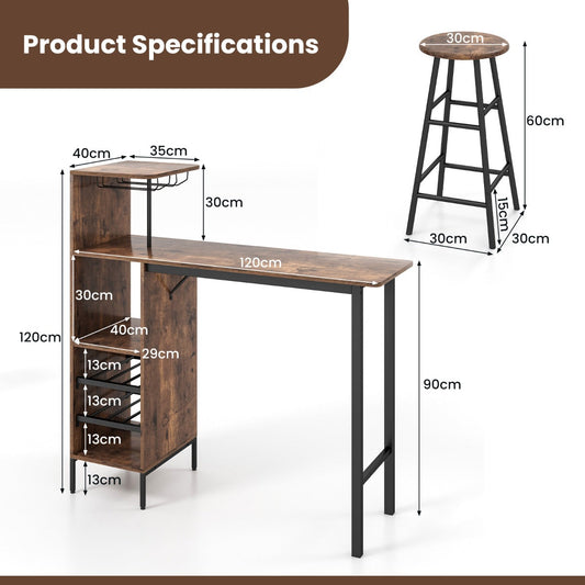 Rustic three-piece bar table set with narrow counter table and two matching stools