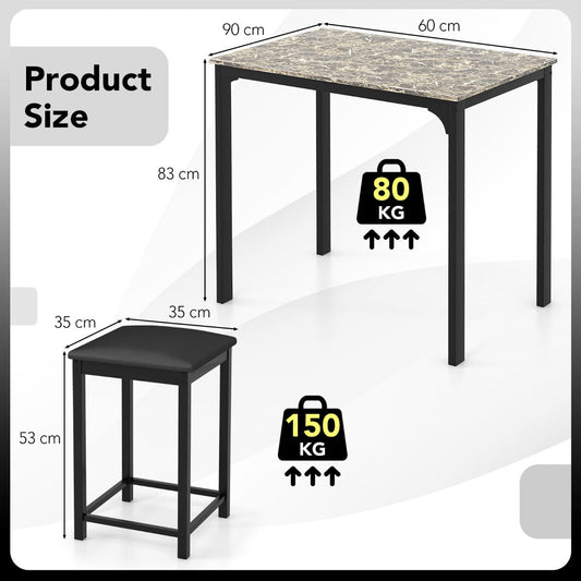 Three-piece counter height dining set with one marble-style table and two padded backless stools