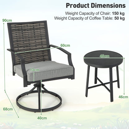 Outdoor swivel chairs rotate smoothly through 360 degrees for convenient interaction and relaxation
