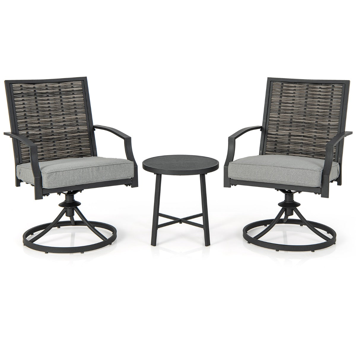 Three-piece patio swivel set with two 360-degree rotating chairs and a compact coffee table