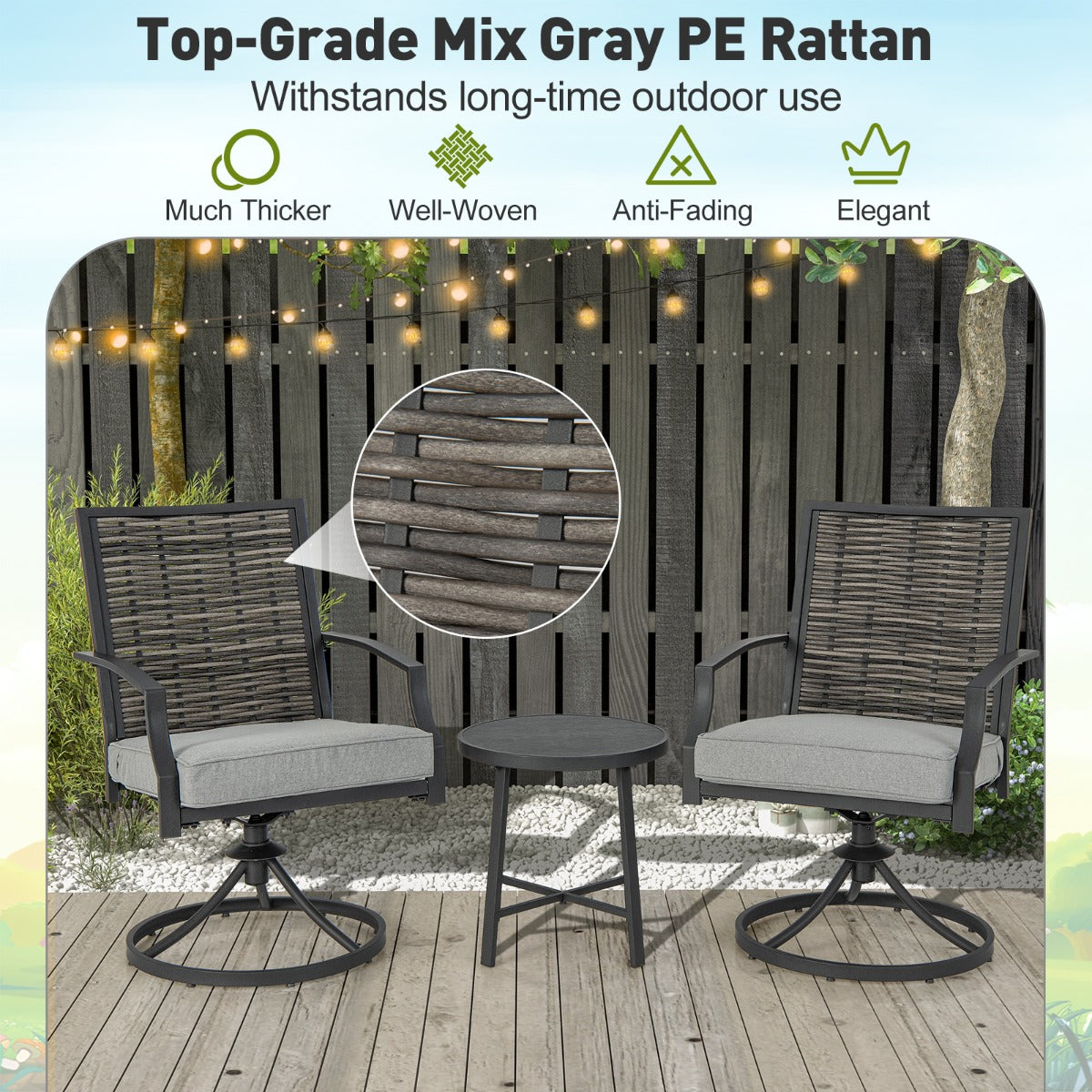 Ergonomic high backrests and curved armrests provide comfortable full-body support outdoors