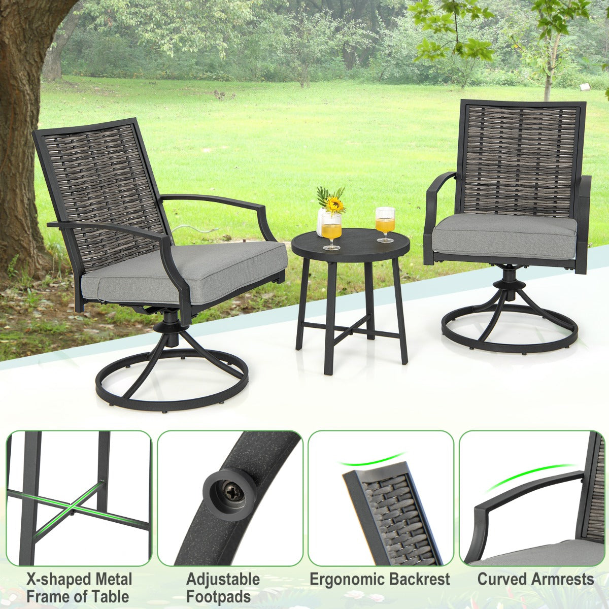 Zippered cushions with fixing buckles stay securely in place and simplify outdoor maintenance