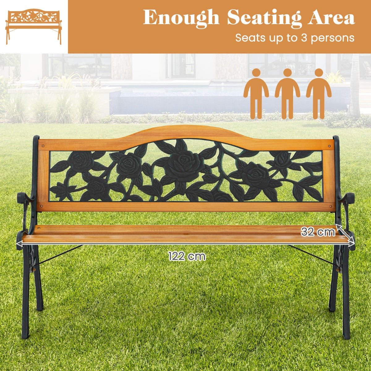 Ergonomic outdoor bench with an inclined backrest, curved seat, and supportive armrests for relaxed sitting