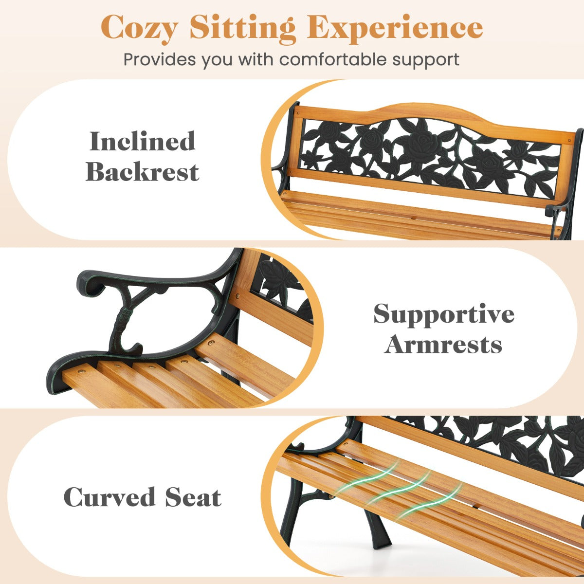 Stable three-person garden bench with reinforced crossbars for excellent support and long-lasting outdoor use