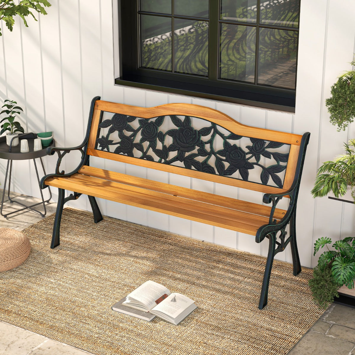 Slatted wooden seat allows effective drainage while providing comfortable support for outdoor relaxation