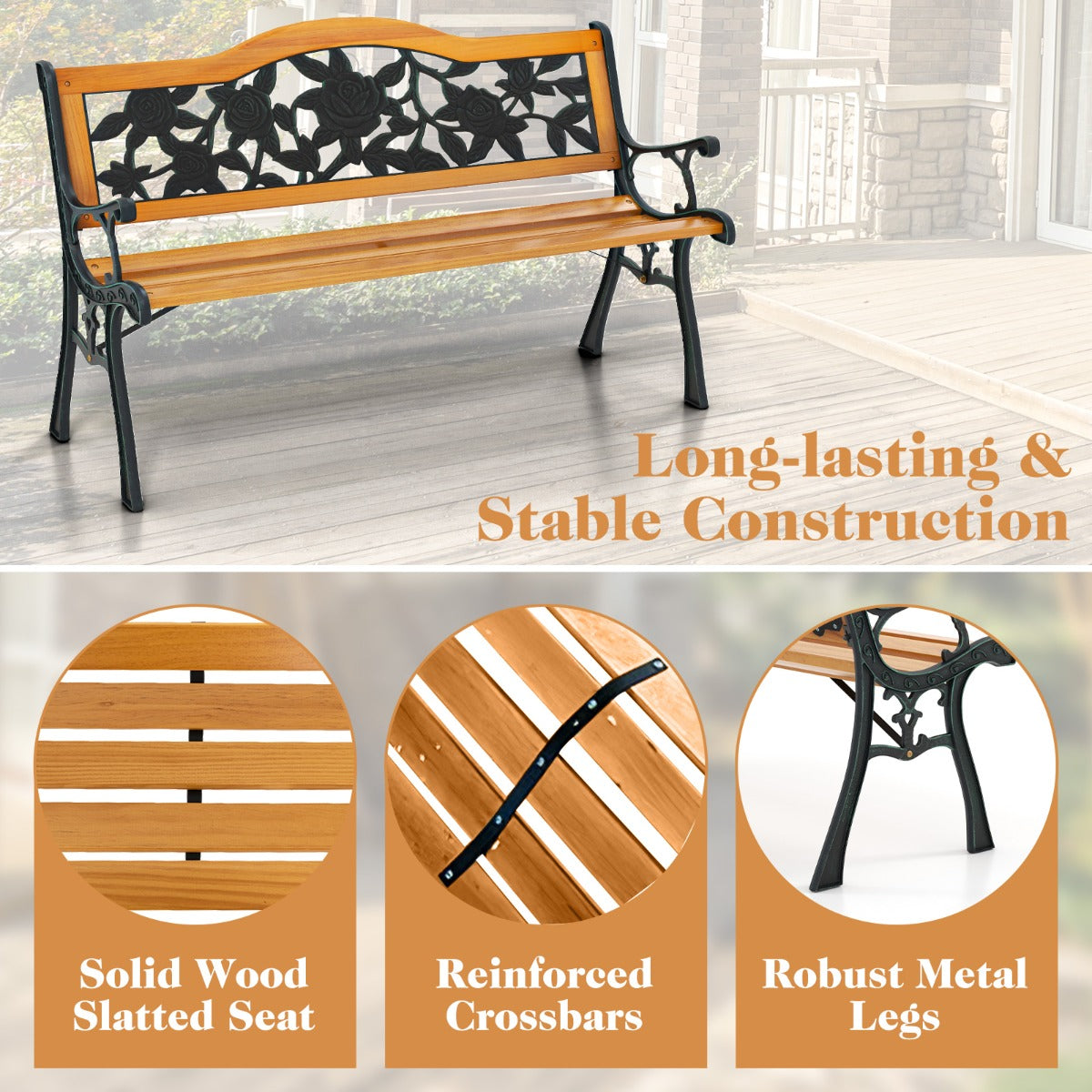 Retro patio bench features decorative flower and grid patterns that enhance gardens, porches, and yards