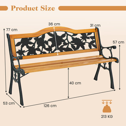Black and natural outdoor bench with a spacious seat, slatted pine wood, cast metal frame, and armrests