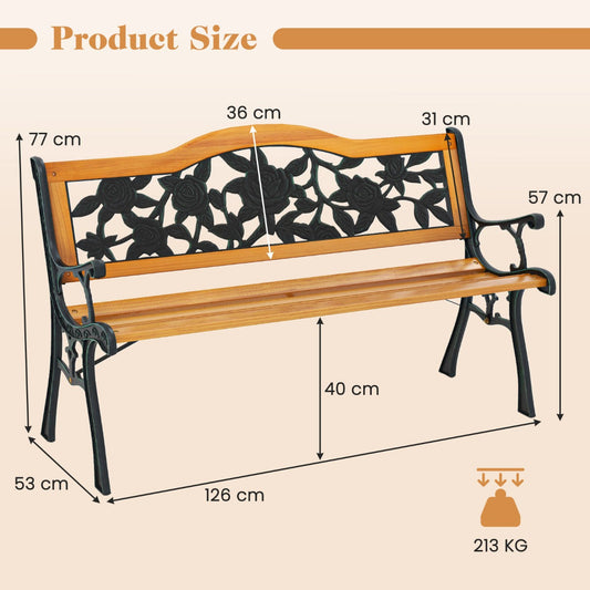 Black and natural outdoor bench with a spacious seat, slatted pine wood, cast metal frame, and armrests