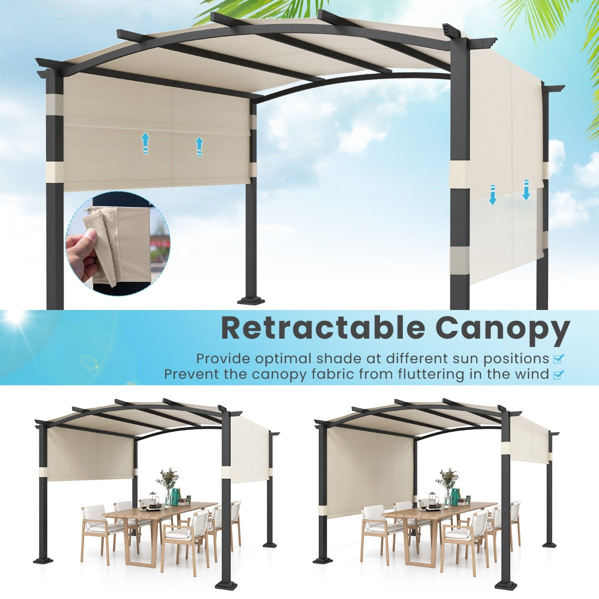3x3M Outdoor Pergola with Retractable Sunshade Canopy-Beige