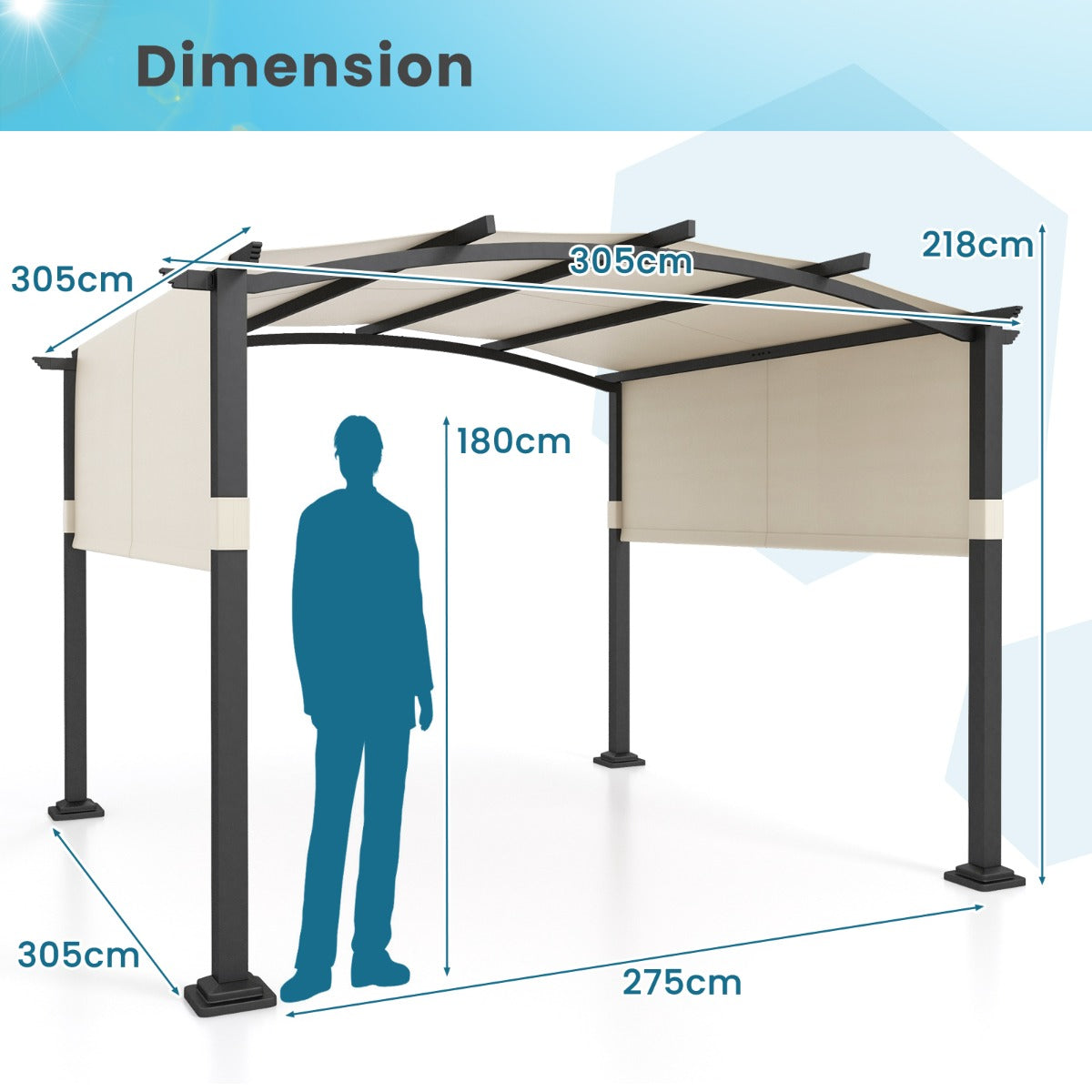 3x3M Outdoor Pergola with Retractable Sunshade Canopy-Beige