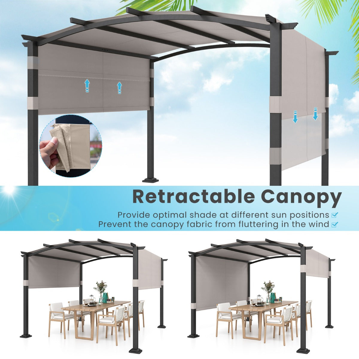 3x3M Outdoor Pergola with Retractable Sunshade Canopy-Grey