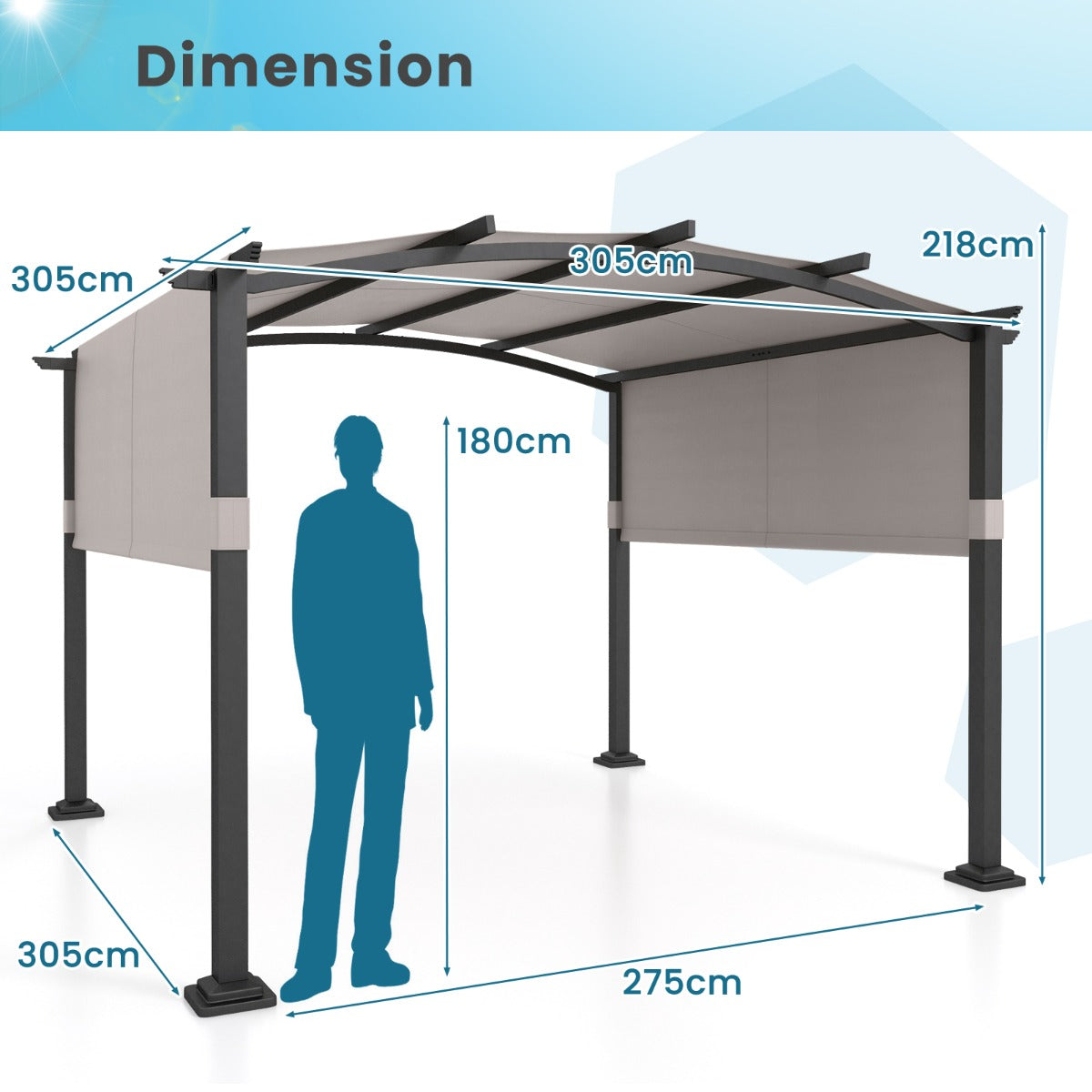 3x3M Outdoor Pergola with Retractable Sunshade Canopy-Grey
