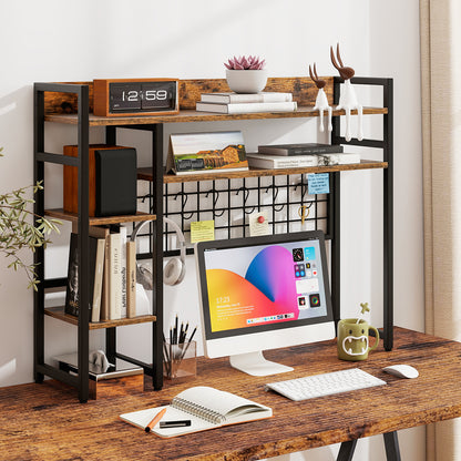 4-Tier Desk Shelf with Metal Grid Panel and 6 Hooks-Coffee