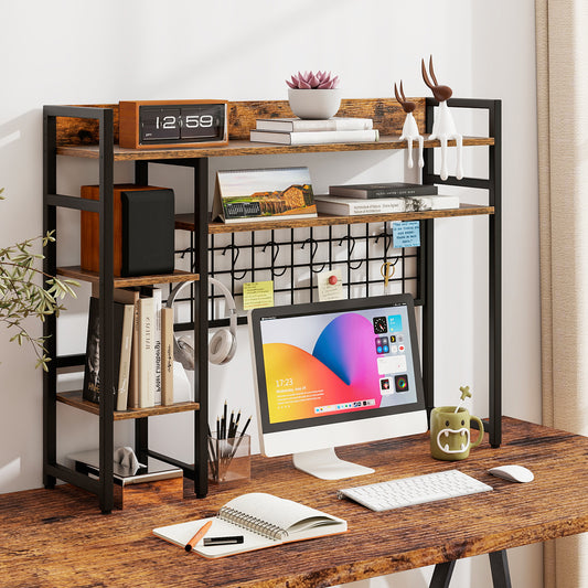 4-Tier Desk Shelf with Metal Grid Panel and 6 Hooks-Coffee