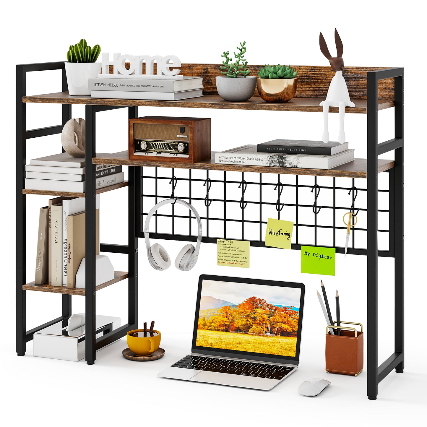 4-Tier Desk Shelf with Metal Grid Panel and 6 Hooks-Coffee