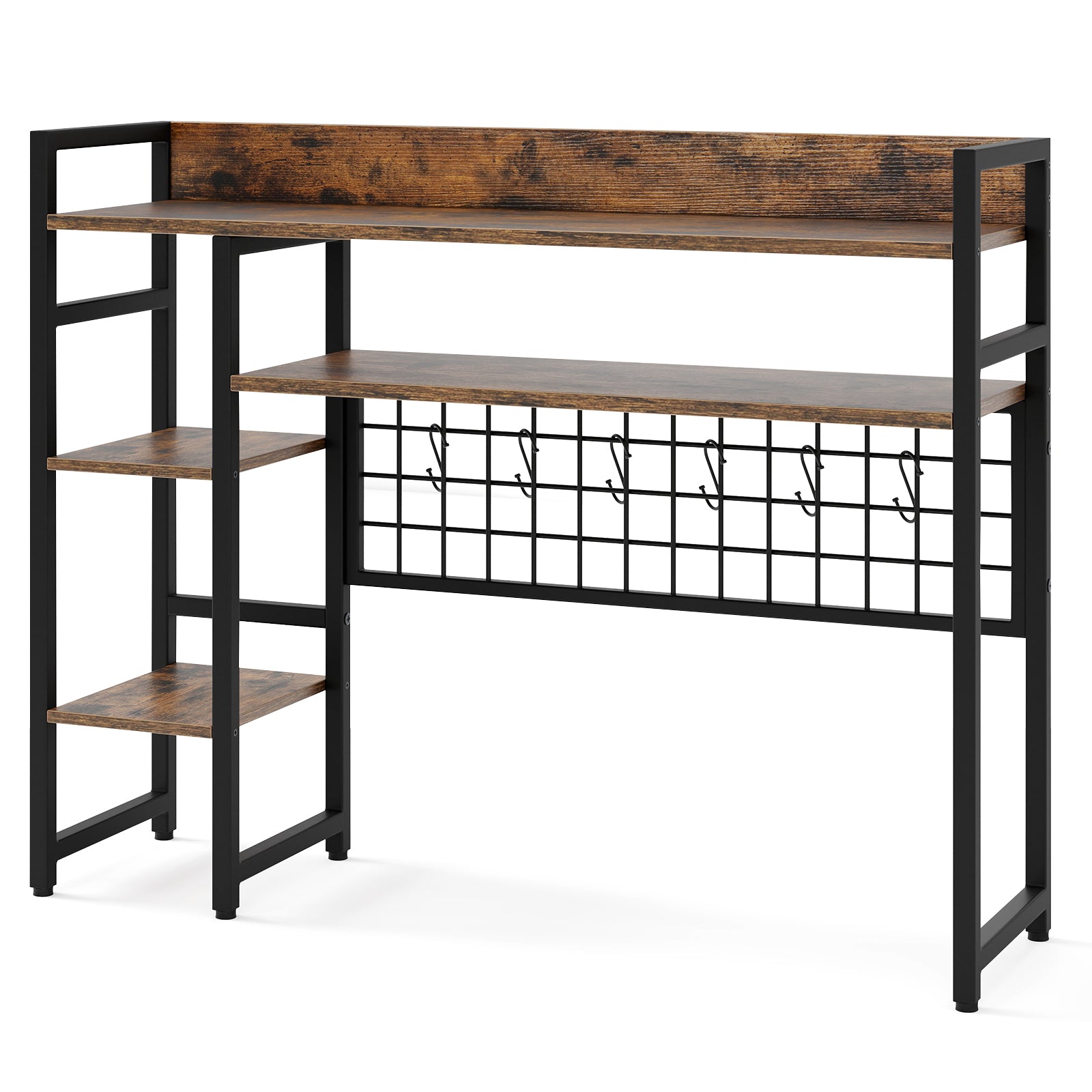 4-Tier Desk Shelf with Metal Grid Panel and 6 Hooks-Coffee