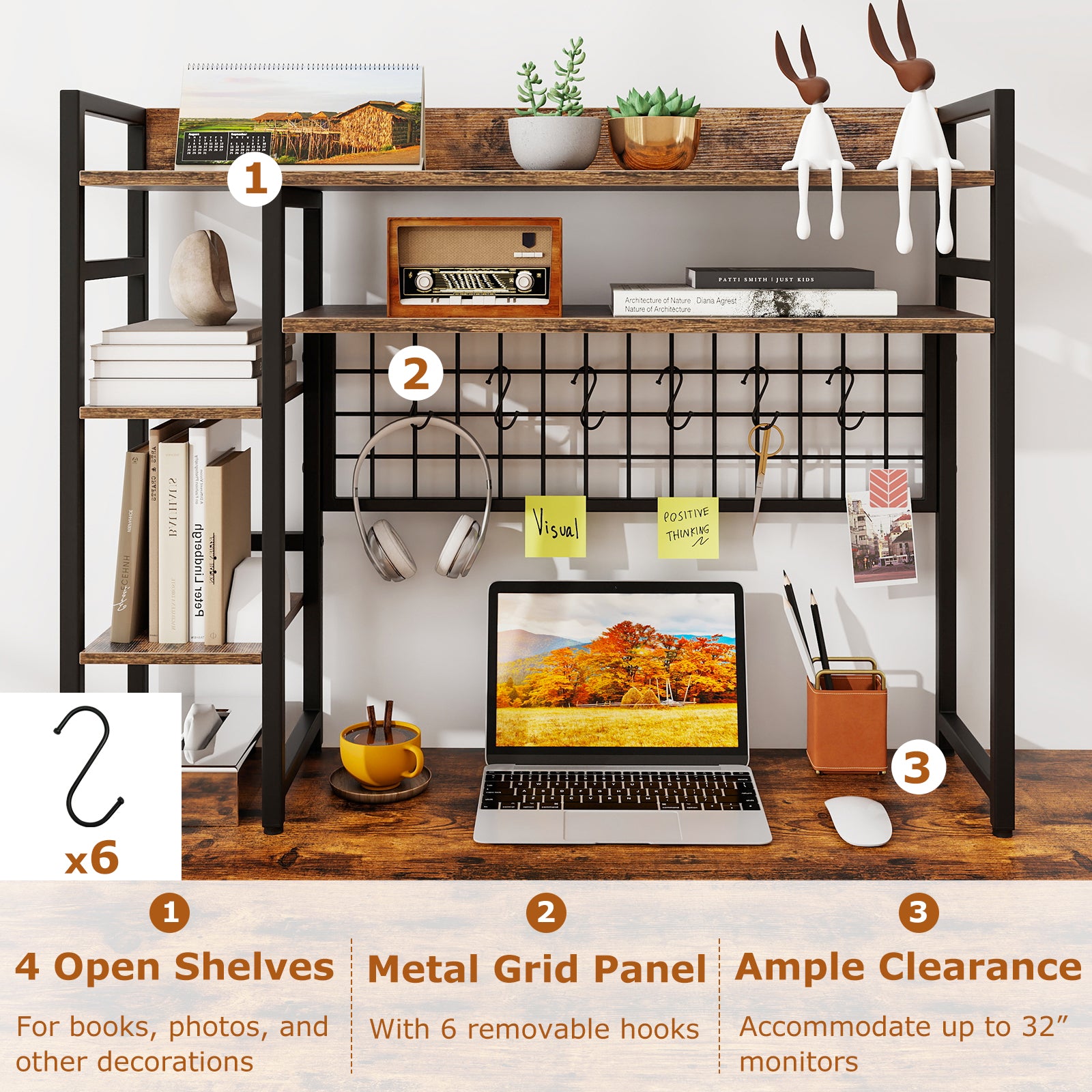 4-Tier Desk Shelf with Metal Grid Panel and 6 Hooks-Coffee