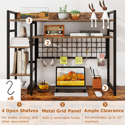 4-Tier Desk Shelf with Metal Grid Panel and 6 Hooks-Coffee