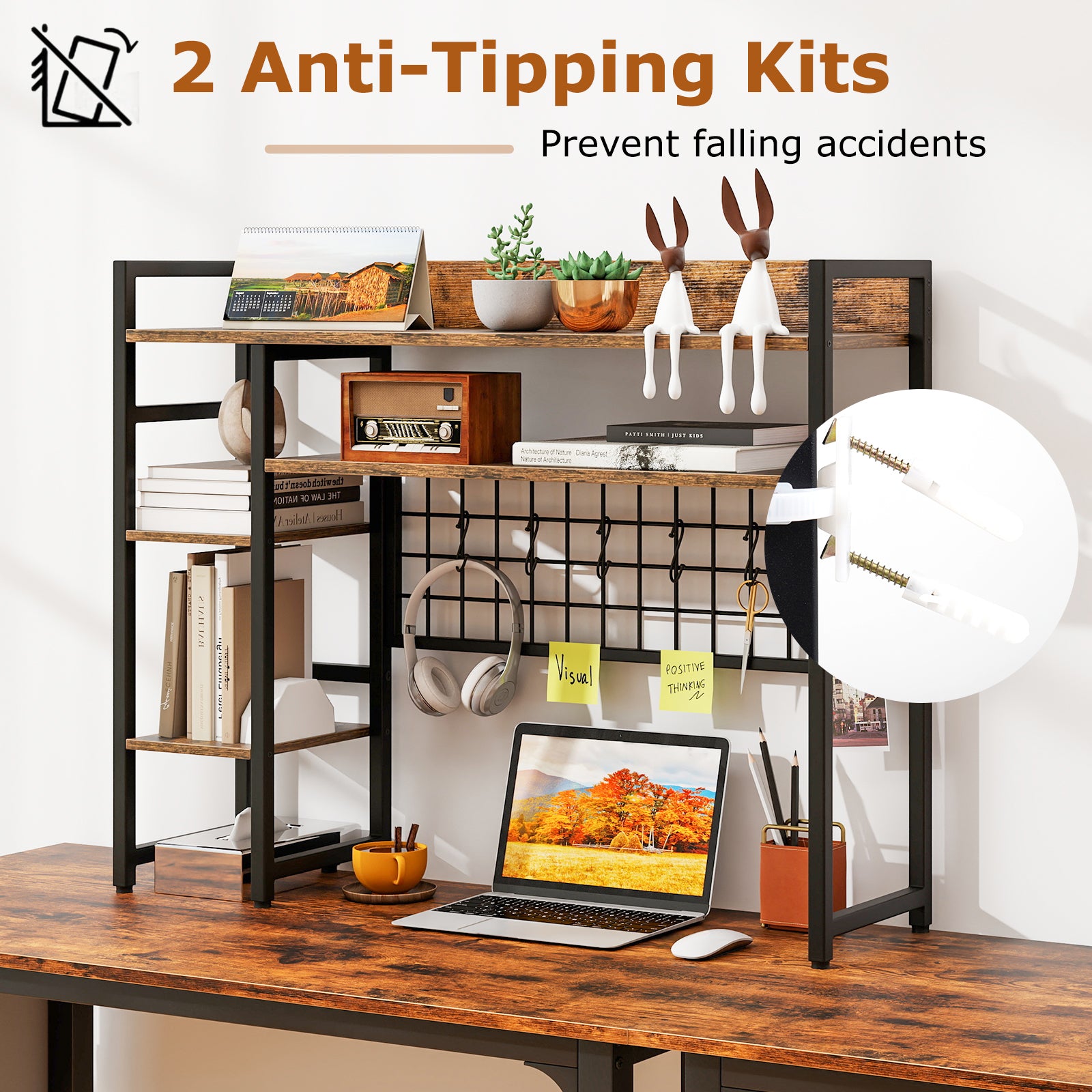 4-Tier Desk Shelf with Metal Grid Panel and 6 Hooks-Coffee