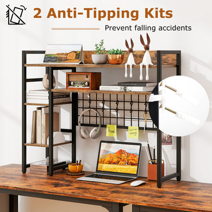 4-Tier Desk Shelf with Metal Grid Panel and 6 Hooks-Coffee