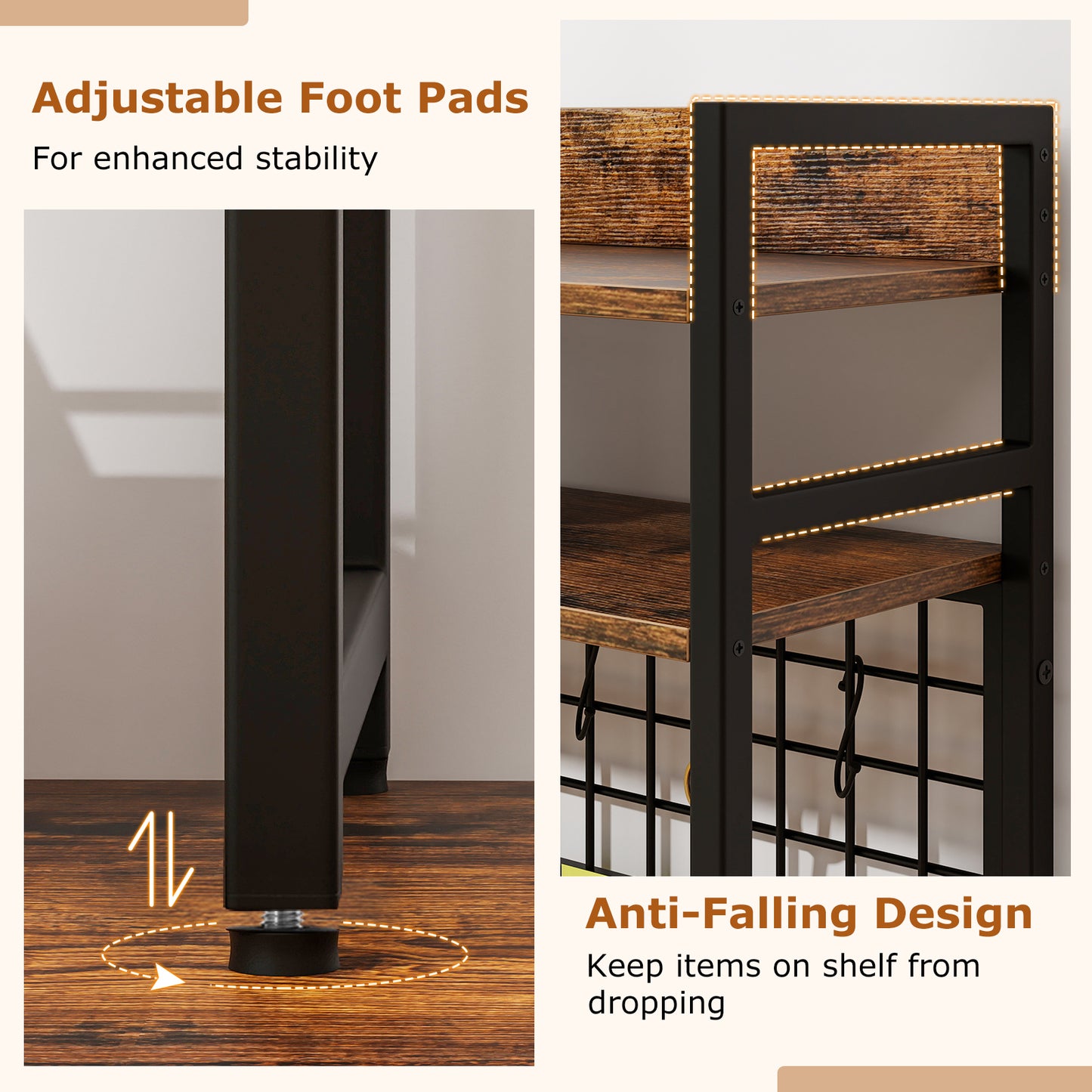 4-Tier Desk Shelf with Metal Grid Panel and 6 Hooks-Coffee