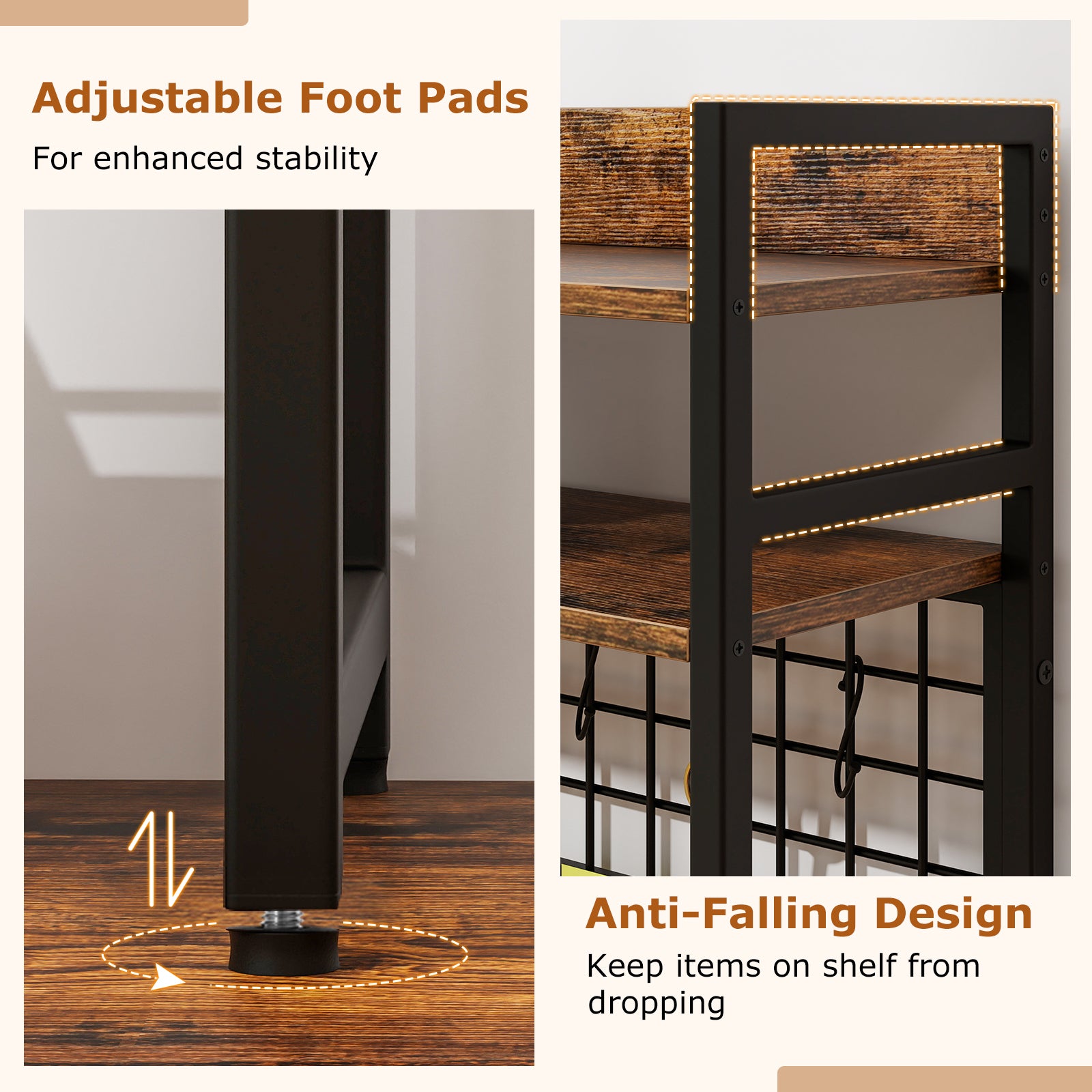 4-Tier Desk Shelf with Metal Grid Panel and 6 Hooks-Coffee