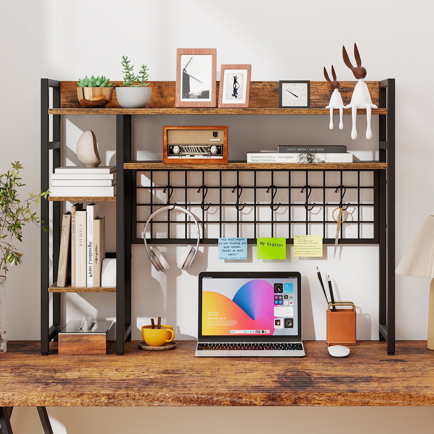 4-Tier Desk Shelf with Metal Grid Panel and 6 Hooks-Coffee