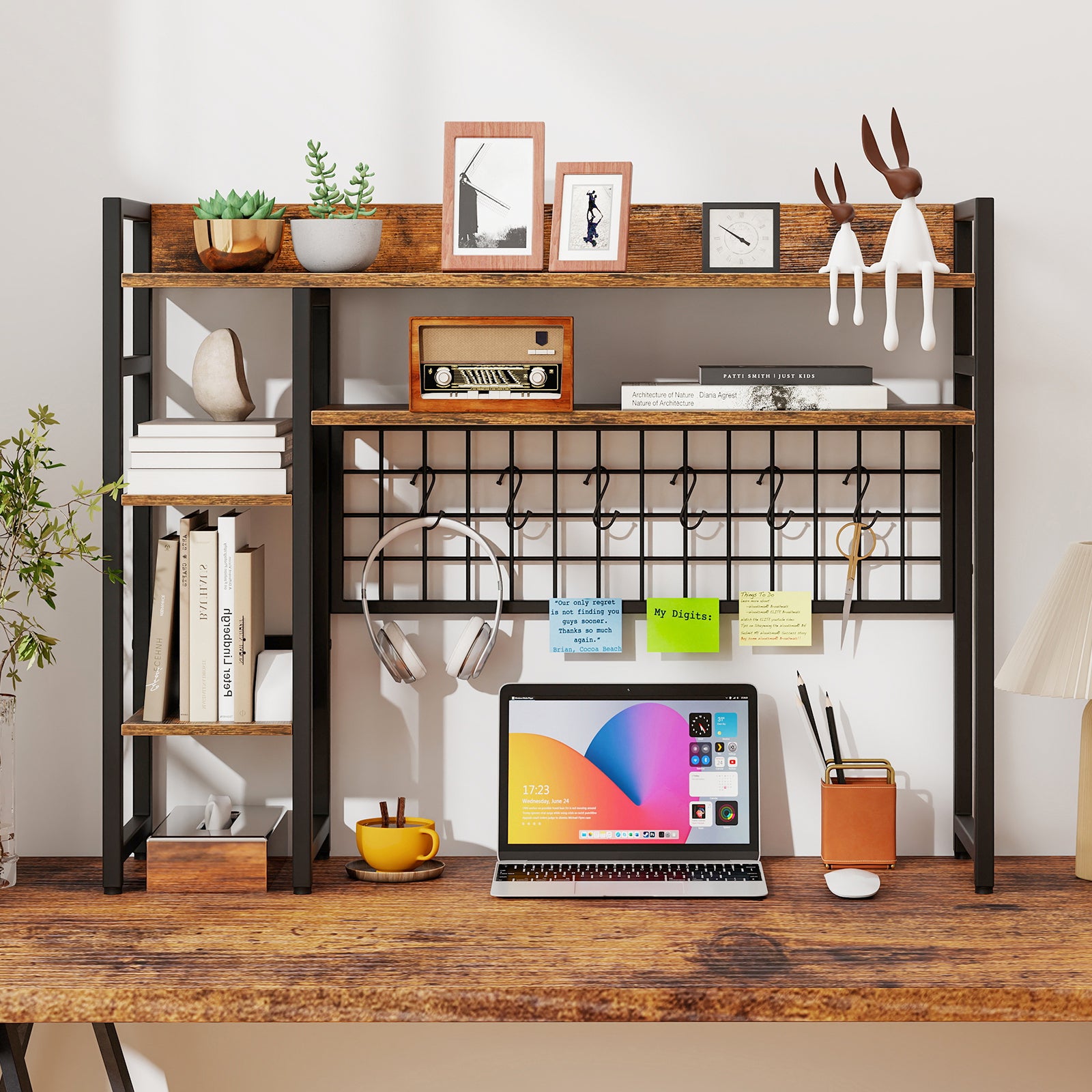 4-Tier Desk Shelf with Metal Grid Panel and 6 Hooks-Coffee