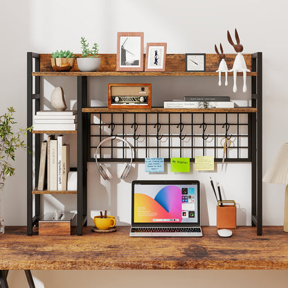 4-Tier Desk Shelf with Metal Grid Panel and 6 Hooks-Coffee