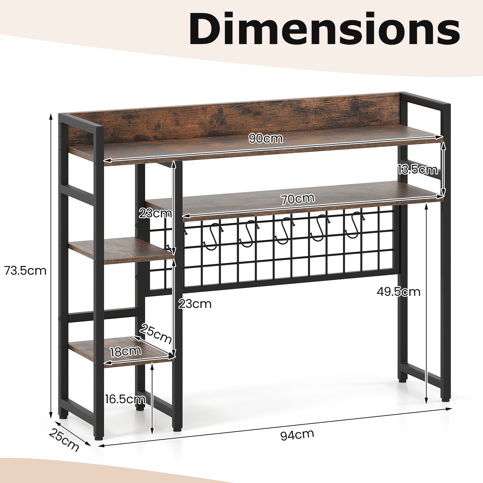 4-Tier Desk Shelf with Metal Grid Panel and 6 Hooks-Coffee
