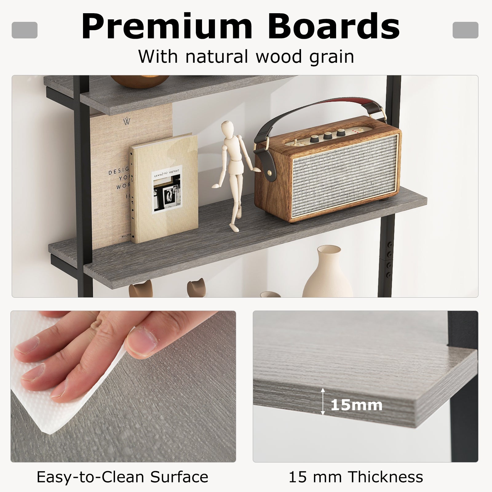 4-Tier Industrial Pipe Shelving with Metal Frame for Living Room Kitchen-Grey