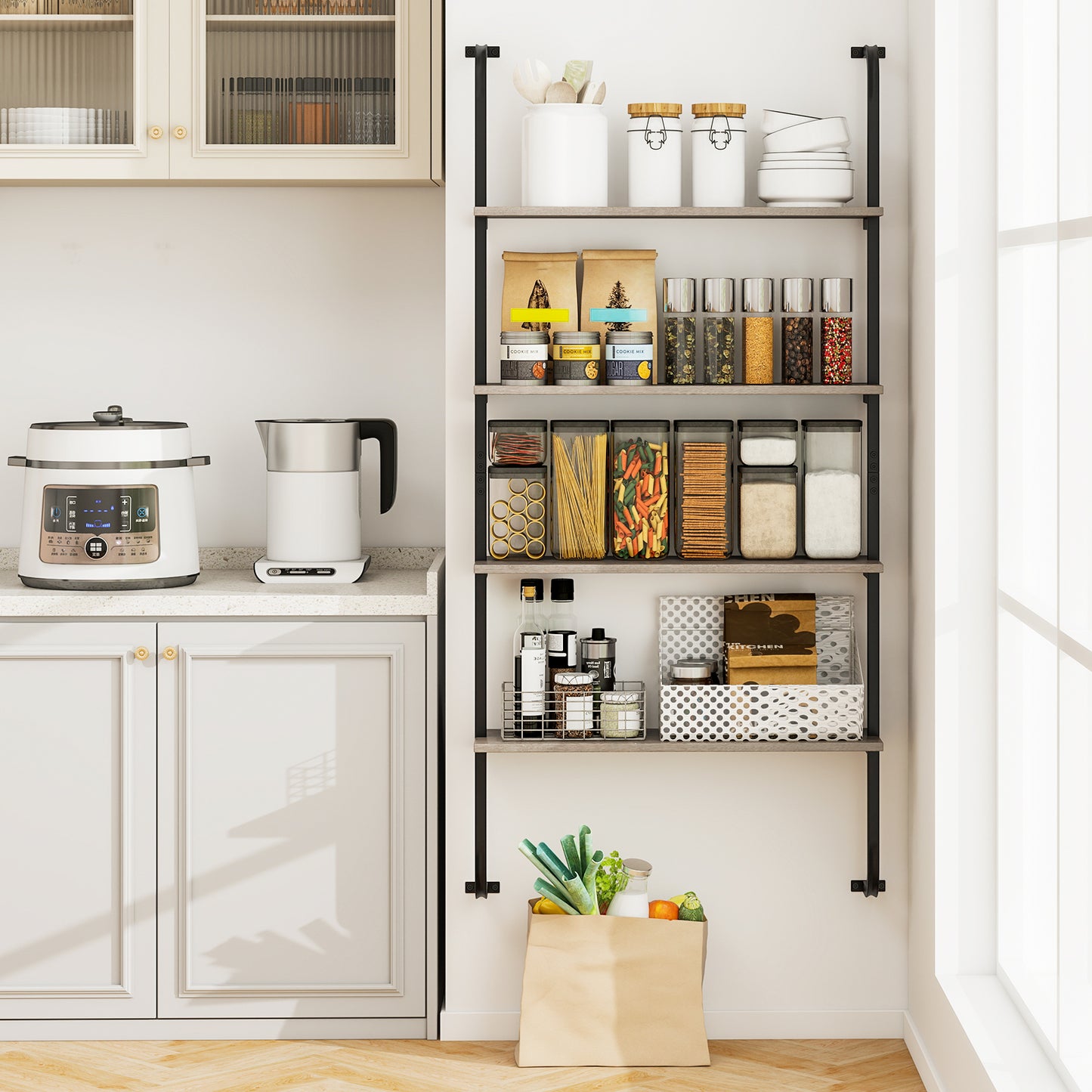 4-Tier Industrial Pipe Shelving with Metal Frame for Living Room Kitchen-Grey